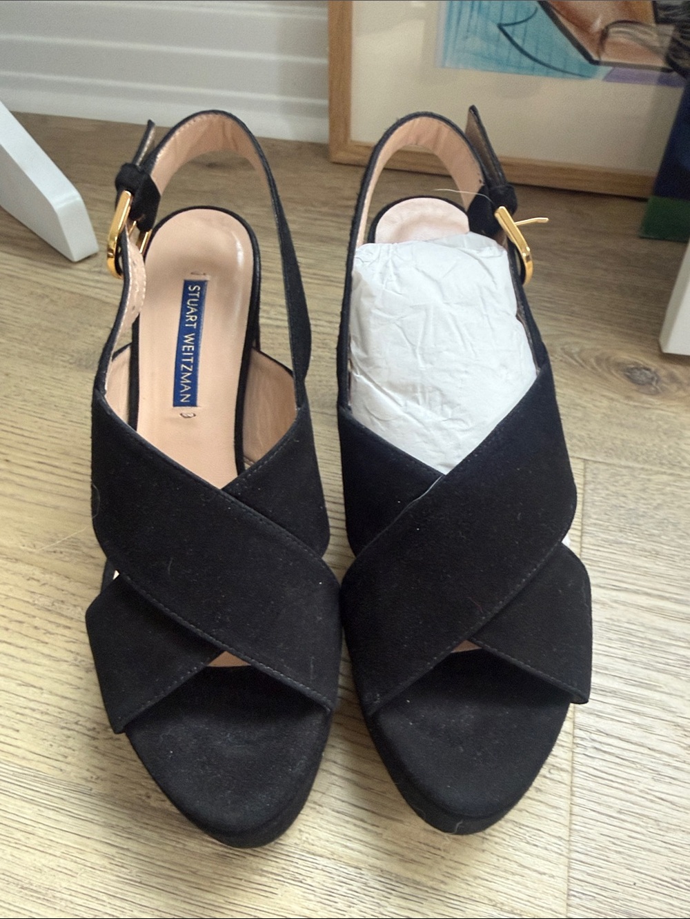 Stuart Weitzman Black Suede Crisscross Slingback Heels